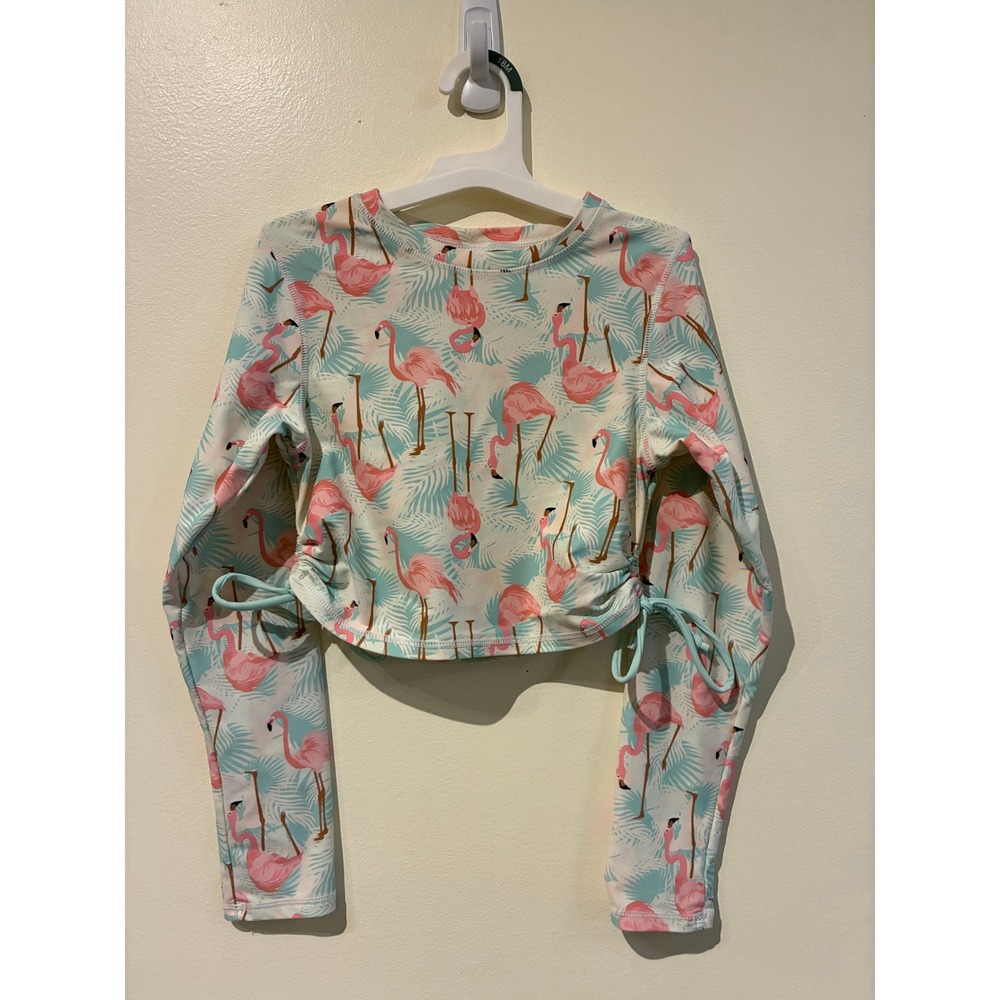 RuffleButts Girls Flamingo Palm Print‎ Rash Guard Long Sleeve Swim Top Size 12